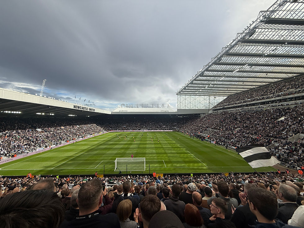 Crowded stadium with fans watching a soccer match at Newcastle United. Green field, cloudy sky, and large flag create an exciting vibe.