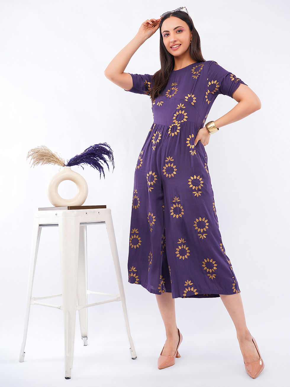 Thumbnail: Casual Wide Leg Half Sleeve Playsuit with Cutout at Back Waist