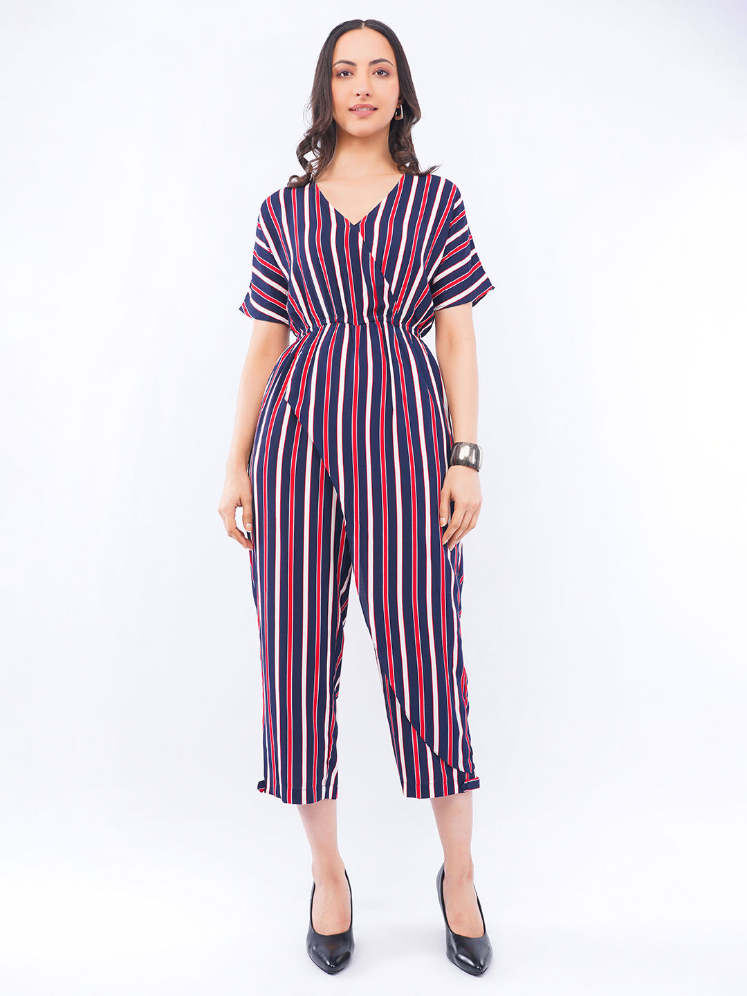 Half Sleeve Loose Baggy V Neck Wrap Look Self Stripe Jumpsuit with Pocket