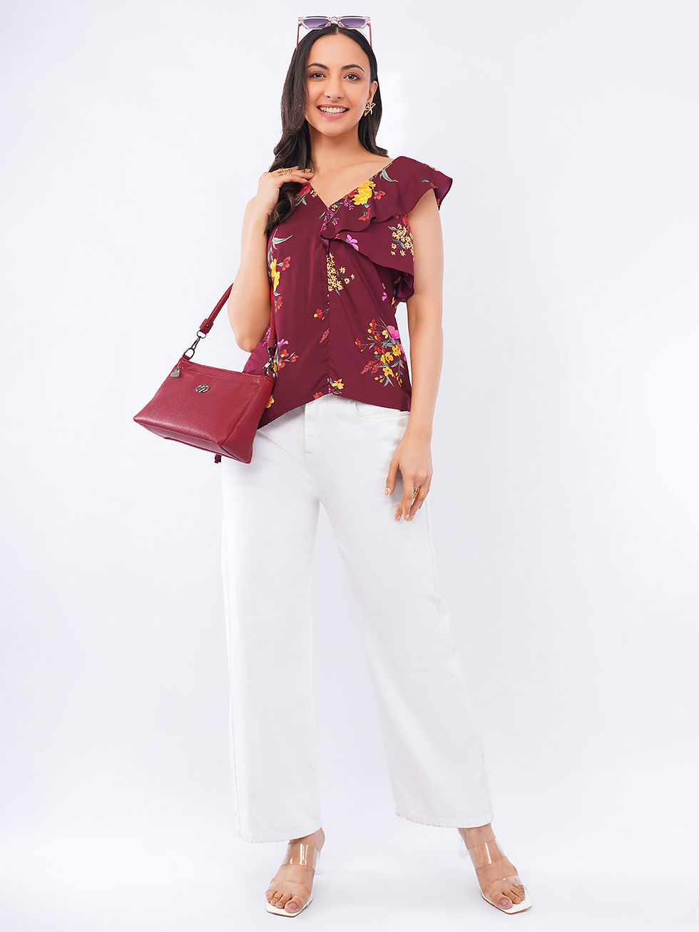 Thumbnail: Floral one Side Ruffle Sleeves Casual top