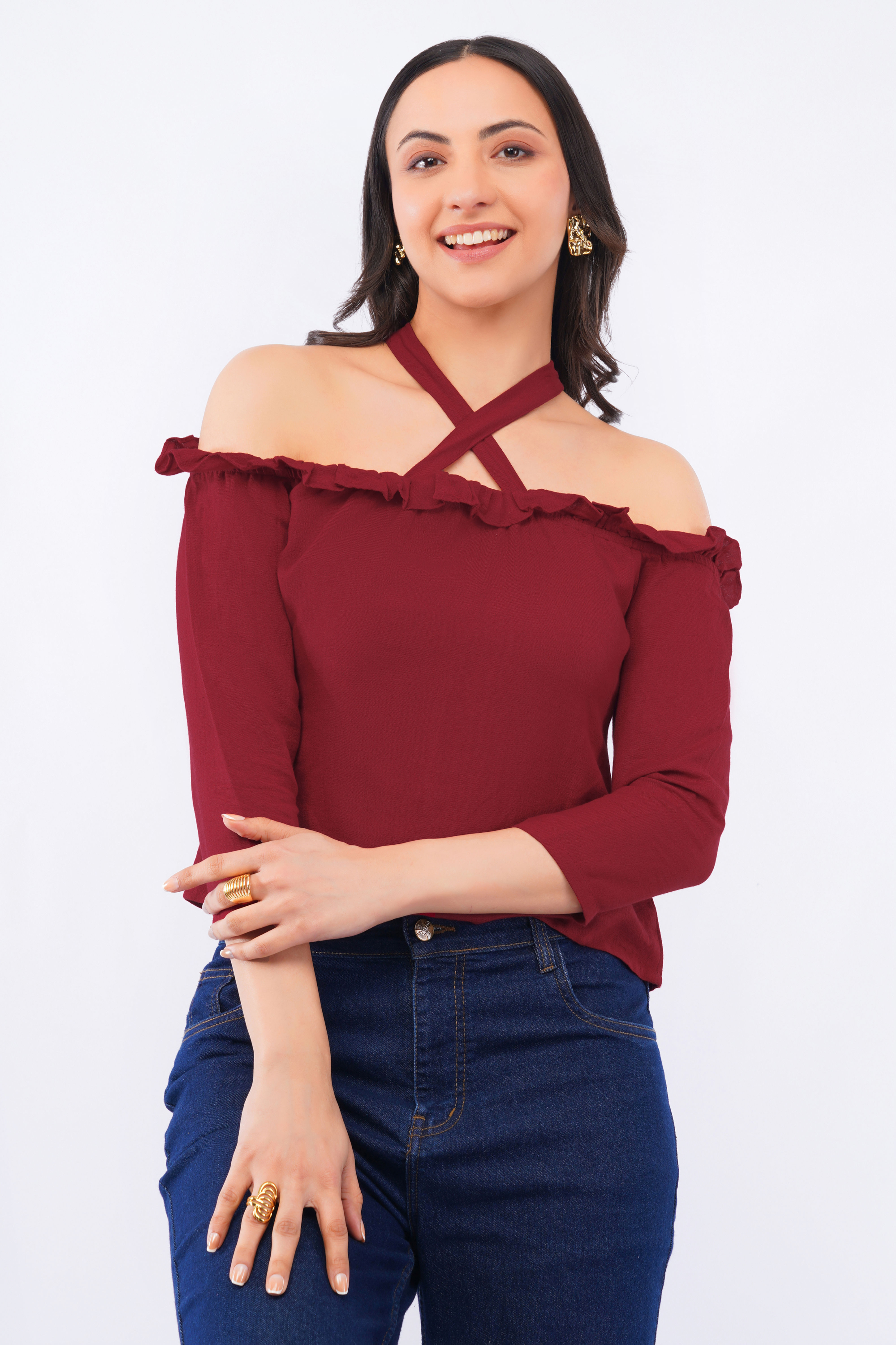 Flattering Criss Cross Ruffle Sleeve top