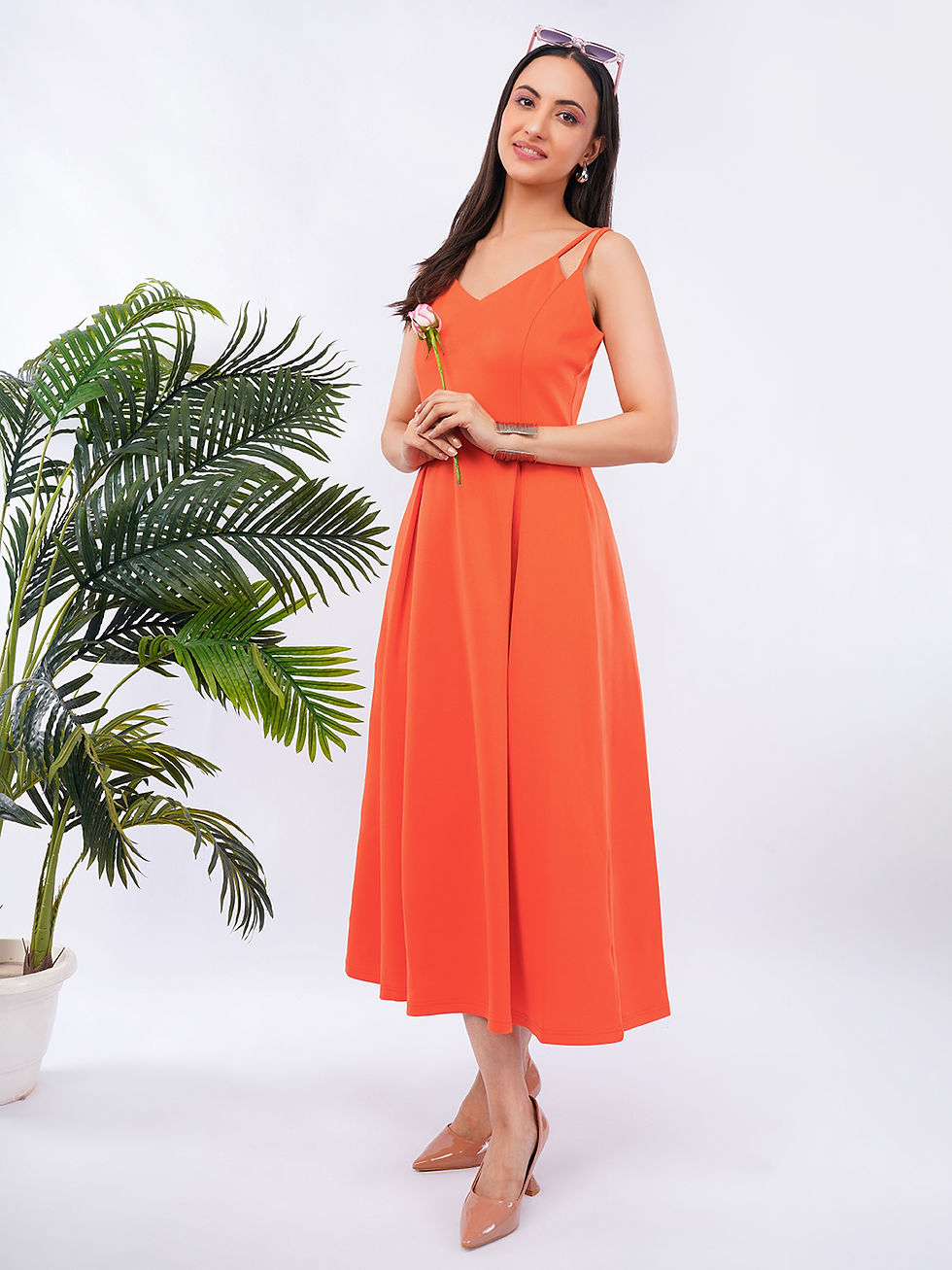 Thumbnail: Romantic V Neck Double Spaghetti Strap A Line Midi Scuba Pleated Dress