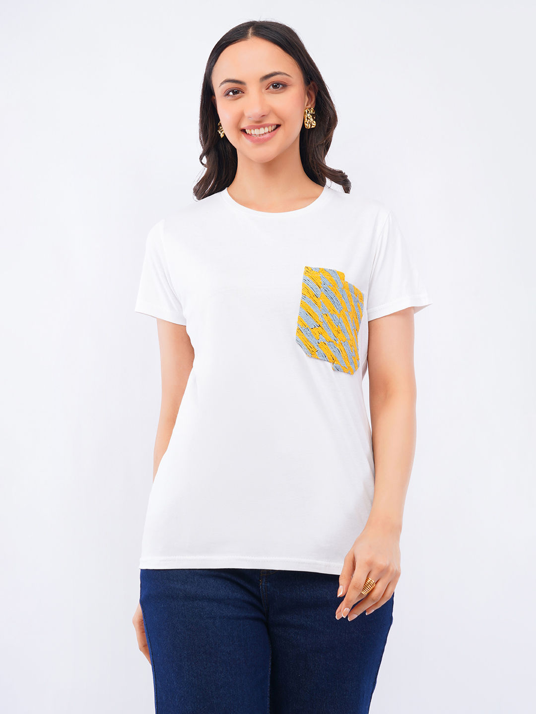 White Cotton T-Shirt with Printed Pocket Detail