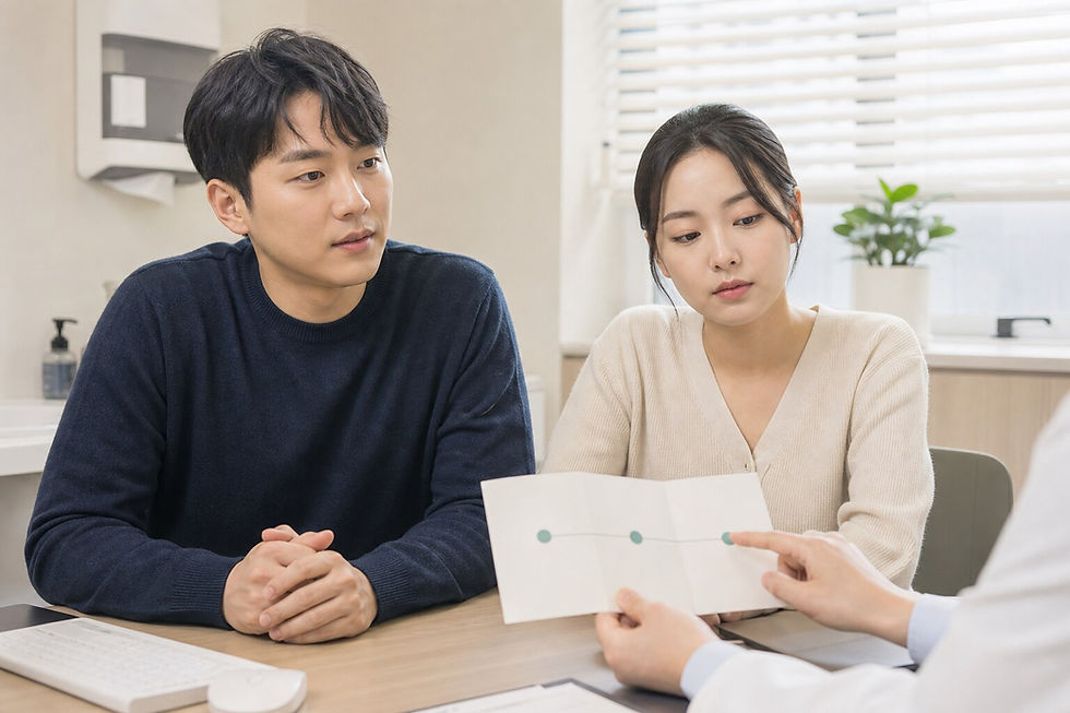 성인 남녀가 진료실에서 예방접종 상담을 받는 장면