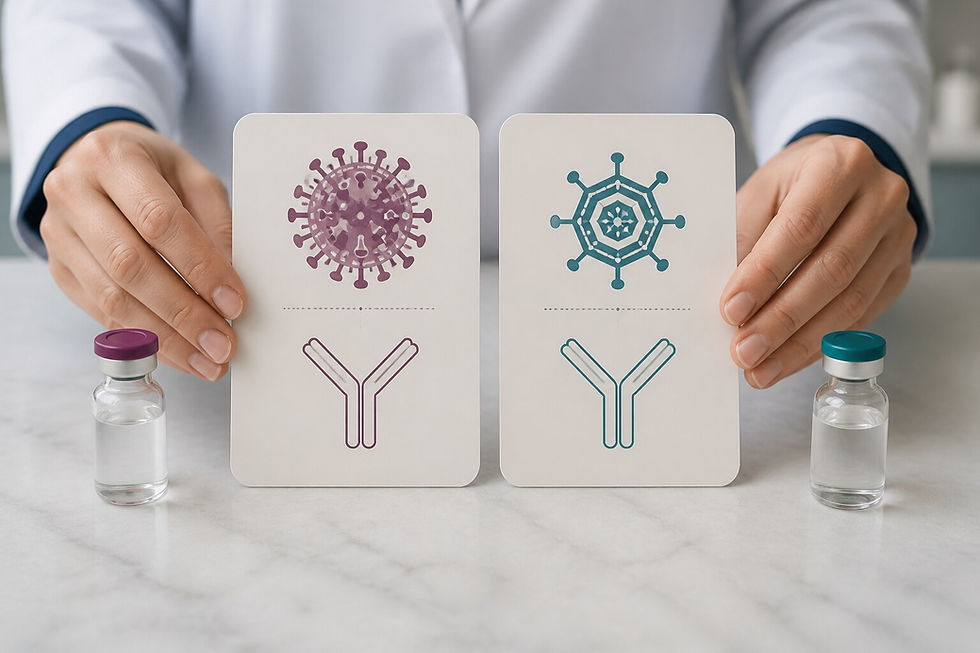 바이러스와 항체를 각각 표현한 예방접종 설명 카드