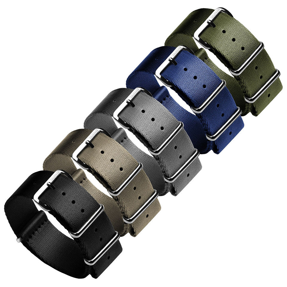 a variety of color options for a seatbelt style nylon watch strap