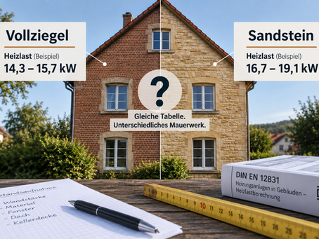 Giebel eines Altbaus, links Vollziegel, rechts Sandstein, mit den unterschiedlichen Heizlasten desselben Hauses