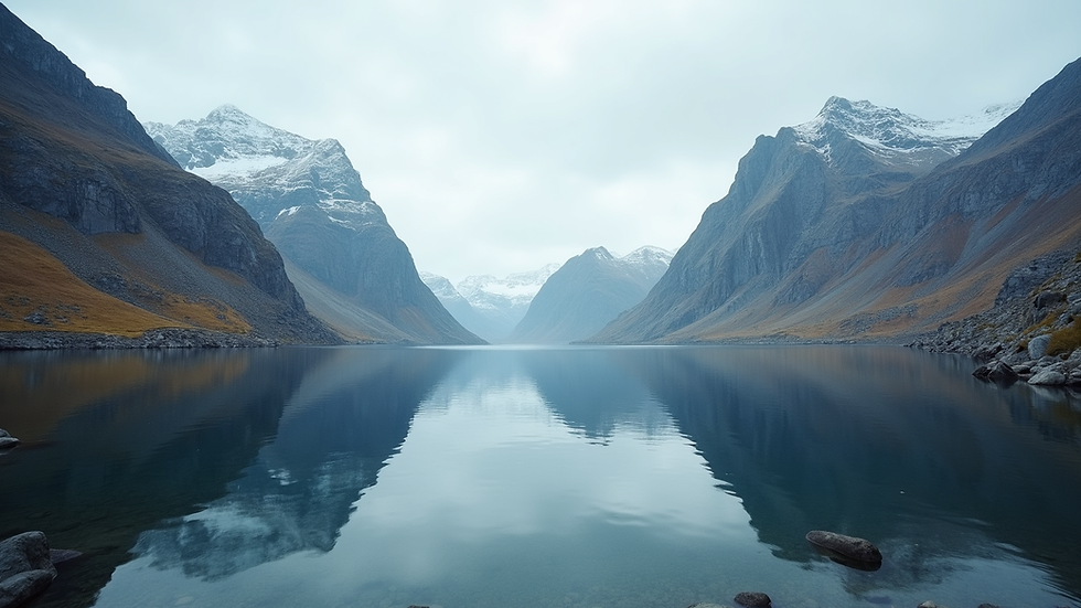 Eye-level view of Lofoten's dramatic mountains reflecting in the clear fjord