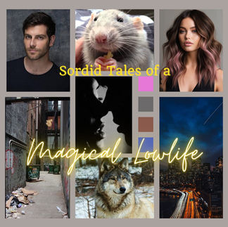 A collage of a man, woman, rat, wolf, and city slum