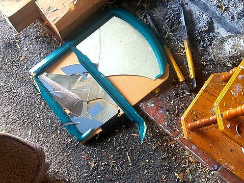 My indescribably dear parrot Desi died in this place because I was neurotically worried he wasn't warm enough. This is his mirror that broke afterward. It was like a heavy-malleted nail into my own coffin while I was in it about to be buried alive.