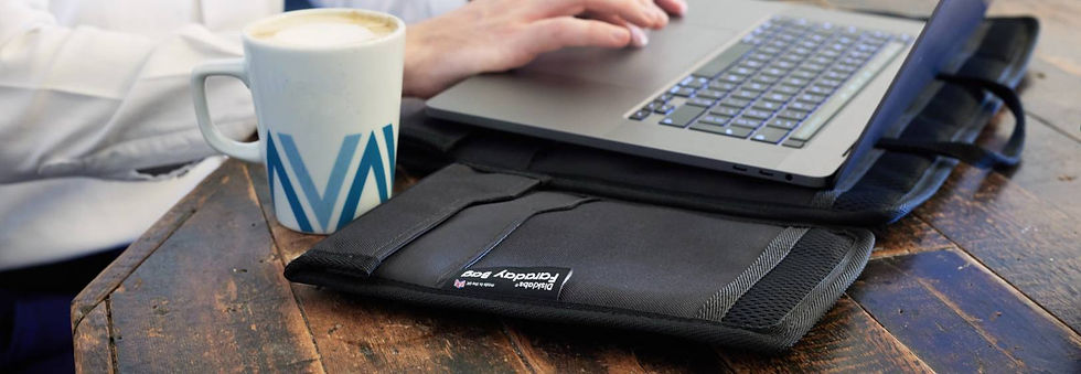 Close-up view of a faraday protection bag with a smartphone inside