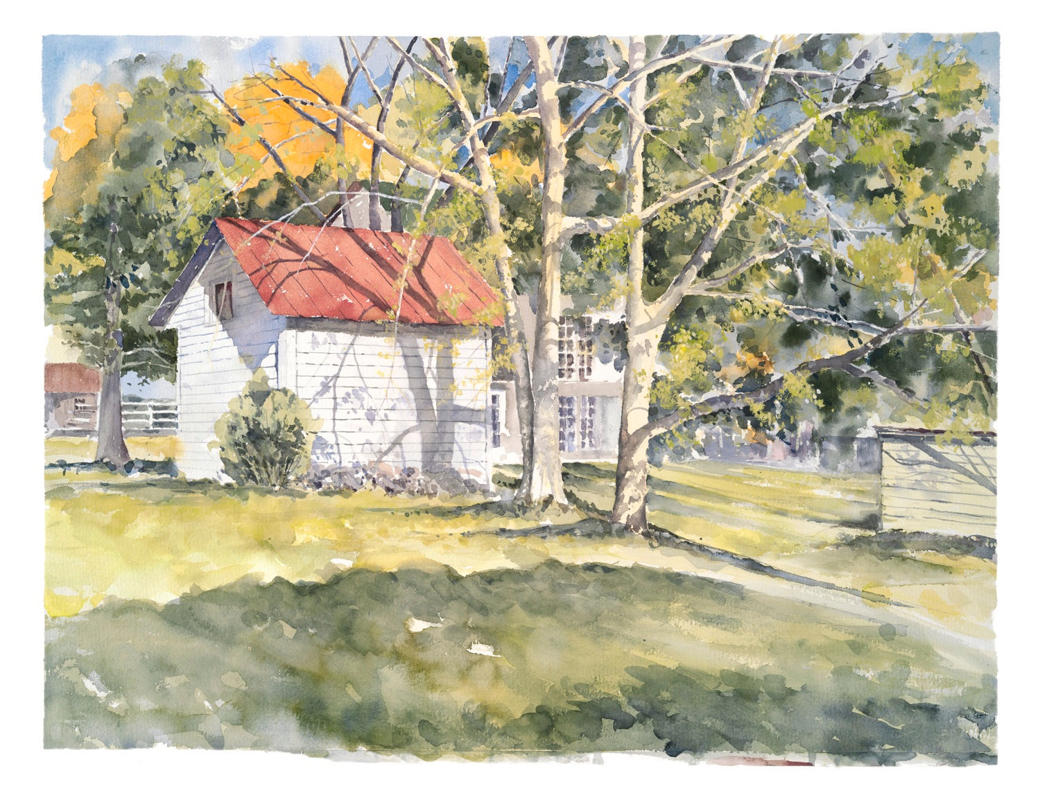 Watercolor painting of white house, red roof