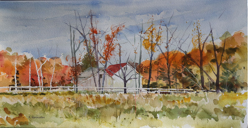 Autumn landscape painting: red-roofed farmhouse