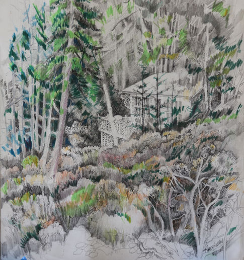 A white house with a deck peeks out from behind a grassy hill. Large trees in the background.