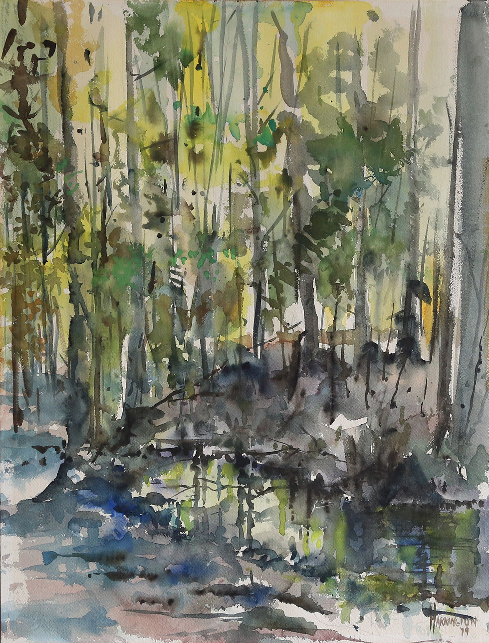Watercolor painting of a tranquil forest scene with a small pond
