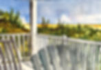 Watercolor painting of porch chairs overlooking a scenic landscape