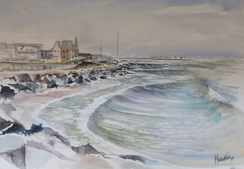 Watercolor seascape painting by Bob Harrington of Art Active. Gentle waves wash on the rocky shore of an inlet in Avalon, New Jersey.