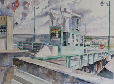 Watercolor painting of blue tollbooth with 'PAY TOLL' sign