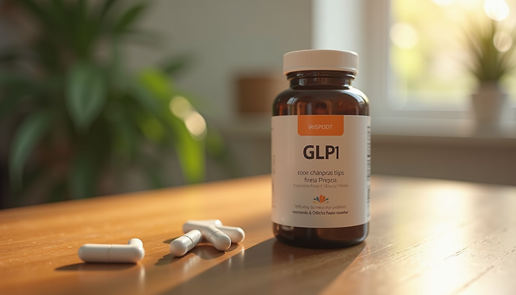 Close-up view of a bottle of GLP1 supplements on a wooden table