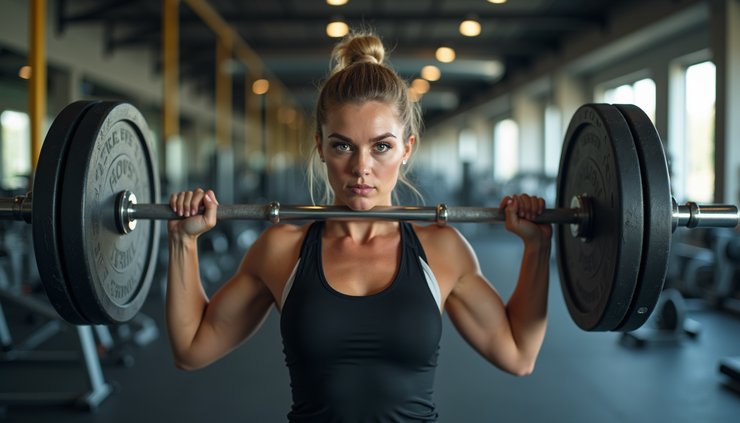 Eye-level view of a woman lifting weights in a gym, focusing on her posture and form