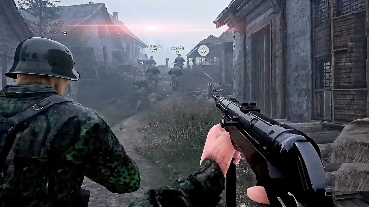 Heroes & Generals — squad pushing through a village, FPS gameplay