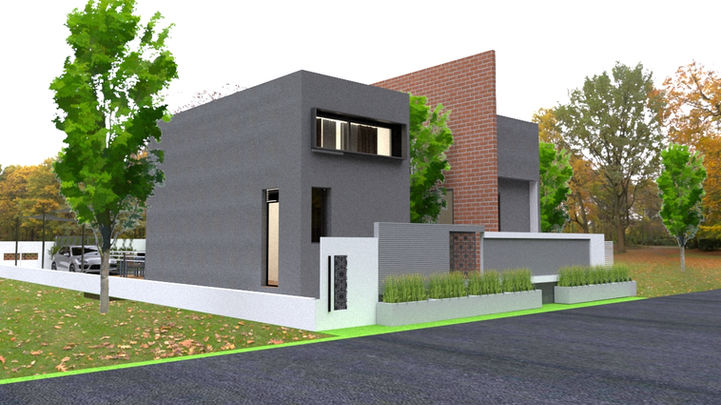 “Modern farmhouse design in Kanpur by Design Spaces Architect featuring rustic wood elements, white exterior, and clean contemporary lines.”