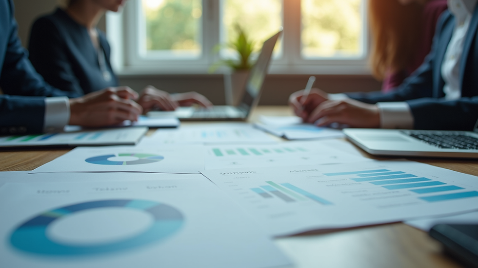 Close-up view of a business meeting with charts and laptops focused on talent optimization