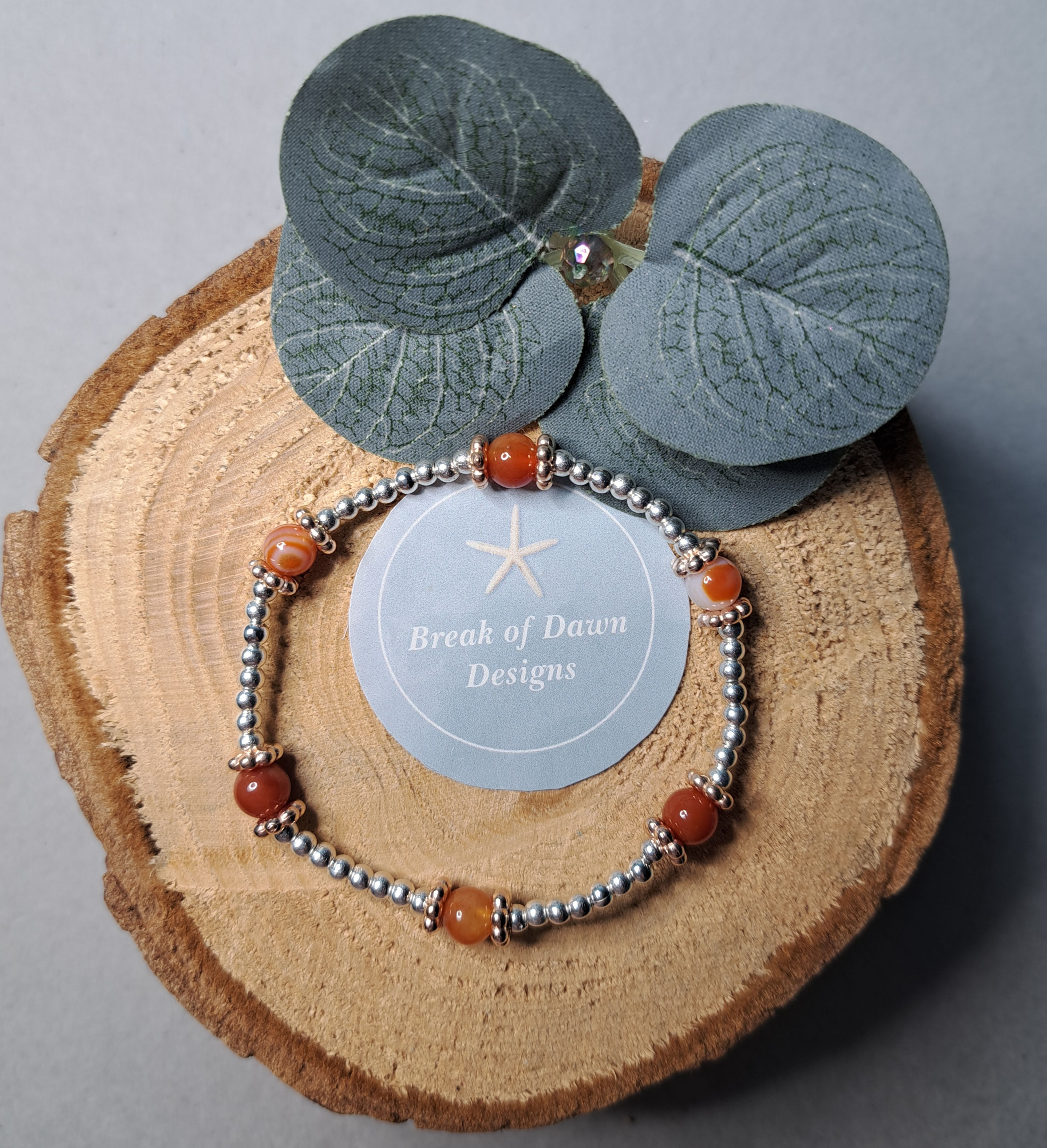 Red Agate Silver Beaded Bracelet