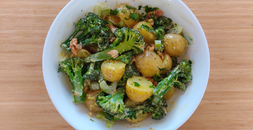 Brocolli, baby potatoes, walnuts, celery, mayonnaise and lemon rind