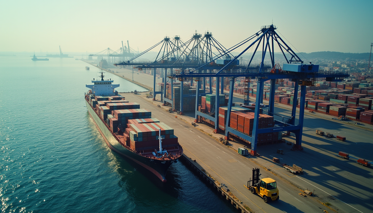 Vista aérea de um porto movimentado com navios cargueiros atracados e empilhadeiras operando no cais