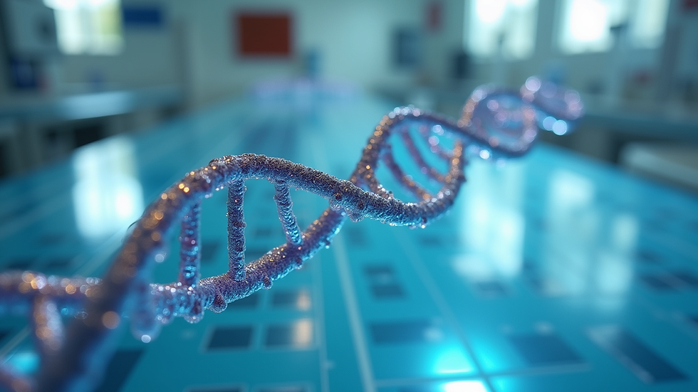 Close-up view of a DNA strand model on a lab table