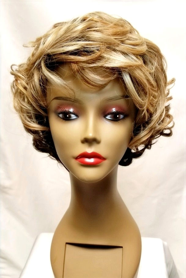 Front View of Tami on a Mannequin: Layered Medium Short Style with Loose Curls in Blonde and Brown Tone mixed.