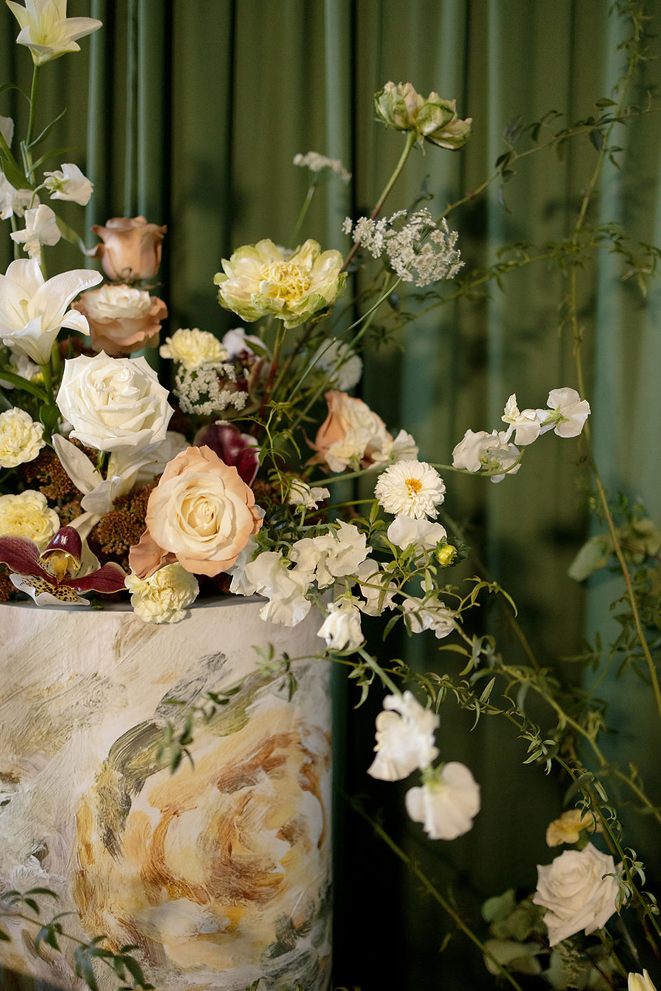Sculptural wedding florals with soft, moody tones in Perth wedding styling