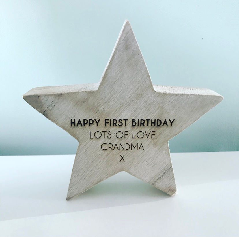 Thumbnail: Washed Effect Wooden Engraved Star Personalised Keepsake Decoration