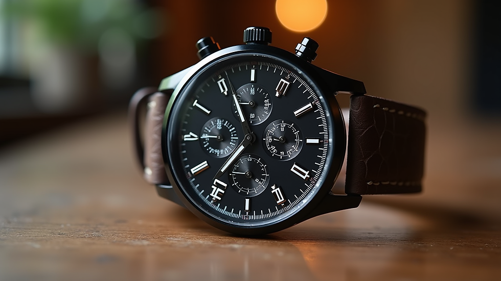 Eye-level view einer schwarzen Chronograph Uhr mit Lederarmband auf einem Holztisch
