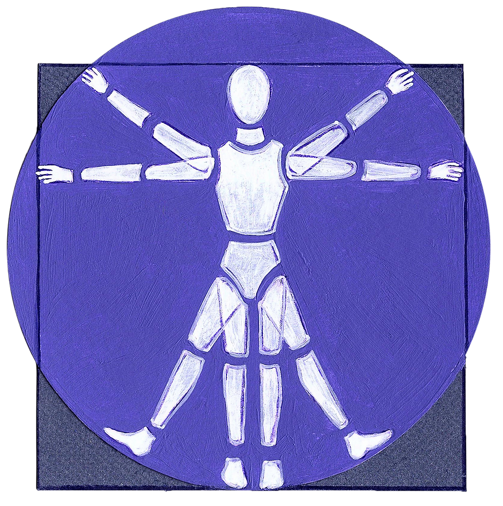 Abstracted version of the Vitruvian Man, deconstructed into fragments.