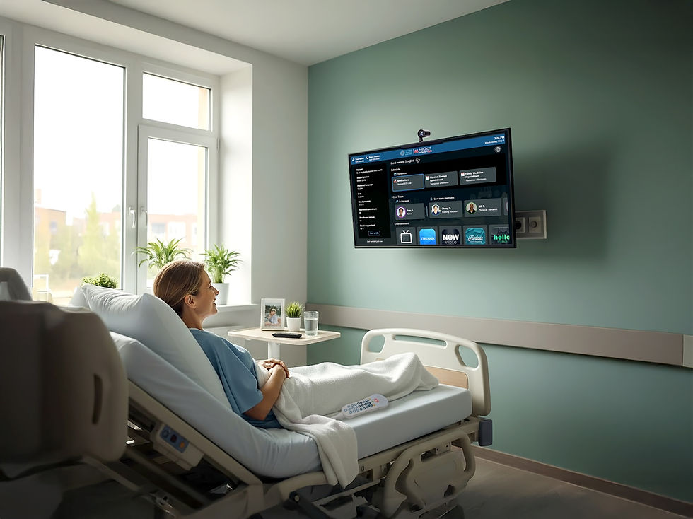 hospital patient in room watching bedside tv