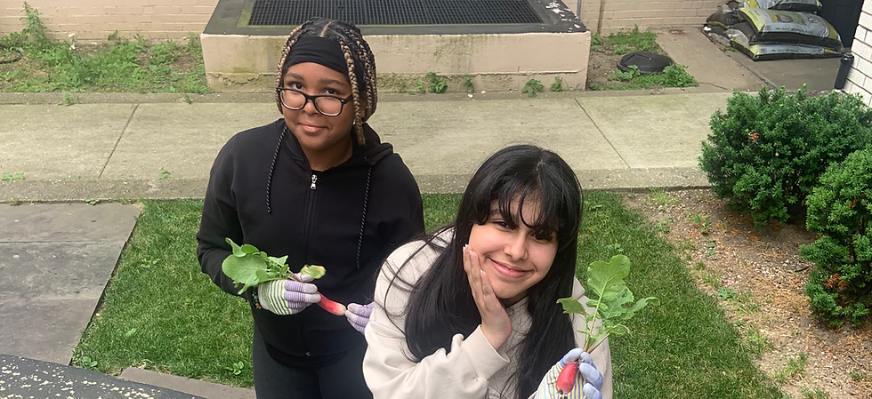 Two young women holding radishes grown in a community garden.