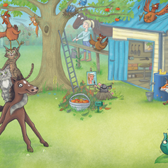 die kleine Farm Bewohner, Hühner, katzen und Fohlen spielen Bremer Stadt Musikanten
