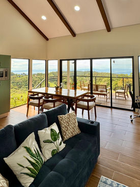 Open concept living room with soaring ceilings at Apricus villa