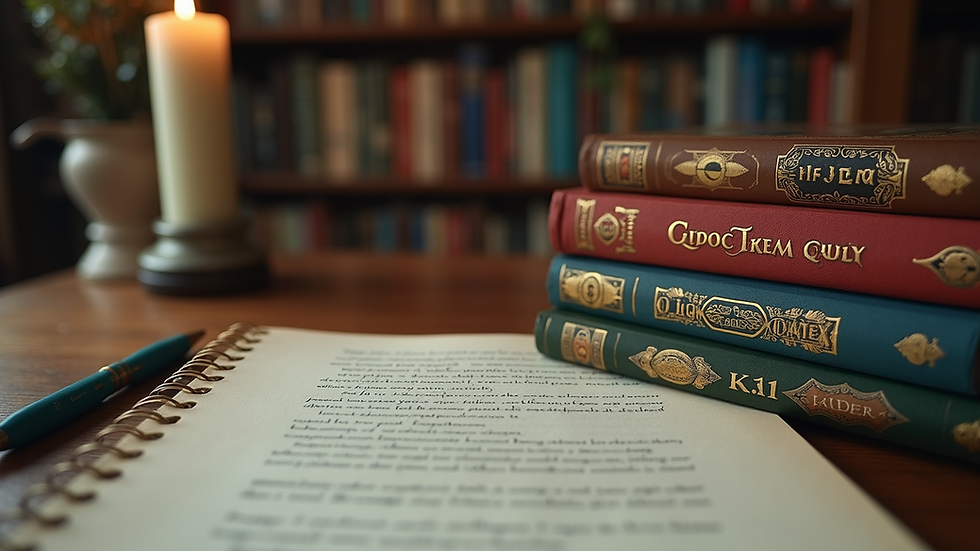 Eye-level view of a writer's desk with fantasy-themed books and a notebook