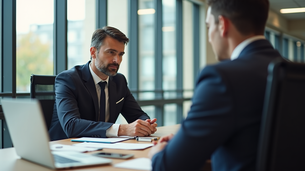 Vue latérale d’un conseiller patrimonial discutant avec un client autour d’une table