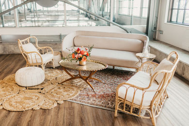 A sofa, loveseat, chair, and coffee table. 