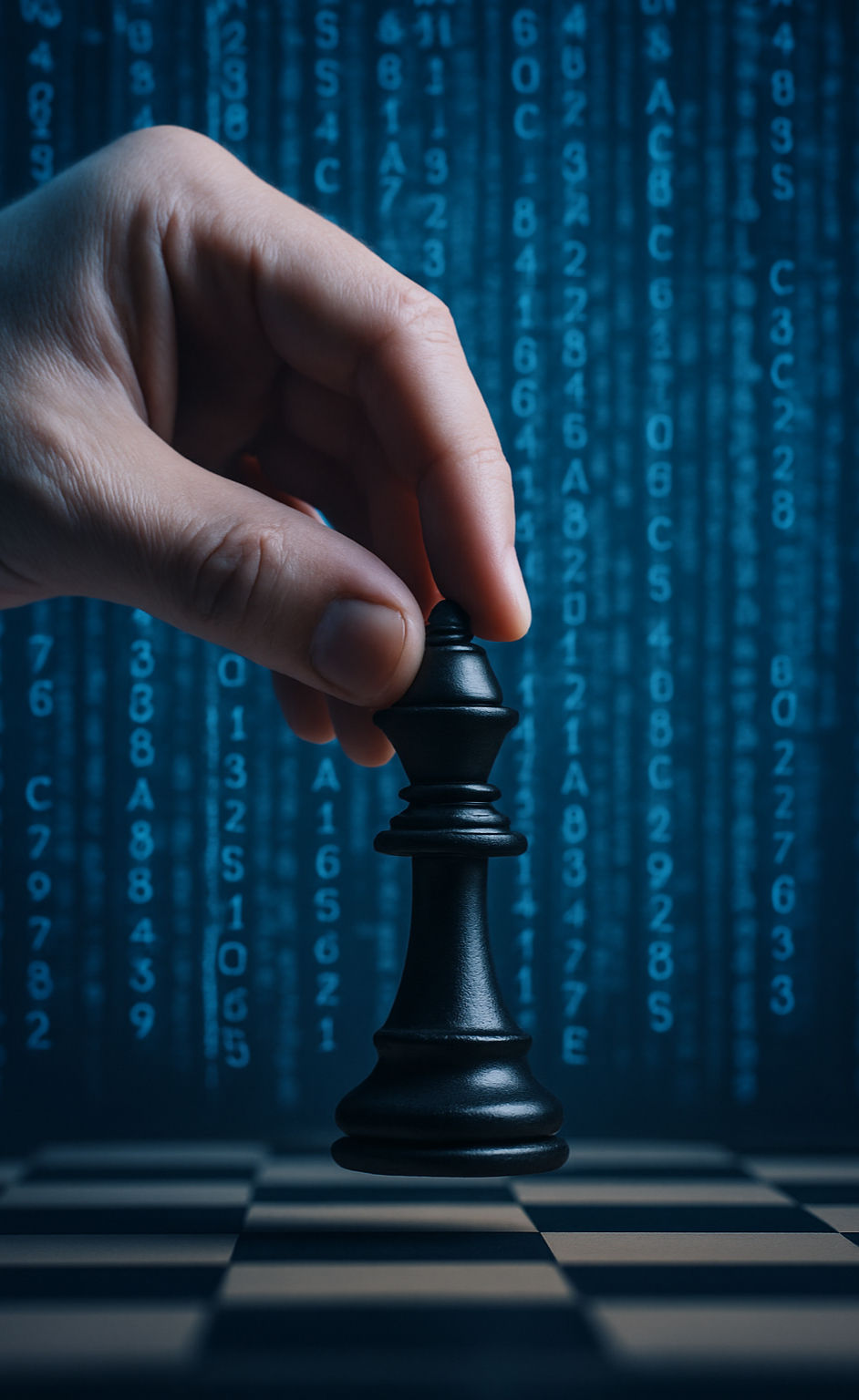 Hand mit einer Schachfigur, dahinter Data-Wall