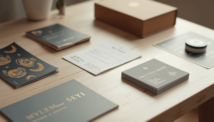 Vedere de sus a unei mese cu materiale de branding: cărți de vizită, broșuri și ambalaje personalizate