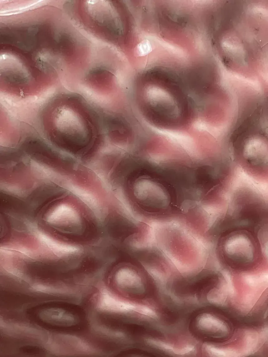 Miniature : Gros plan sur les détails de la soupière fraise en barbotine rose Bordalo Pinheiro