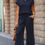 Thumbnail: Navy Blue Solid Color Textured Short Sleeve Top and Casual Pants Set