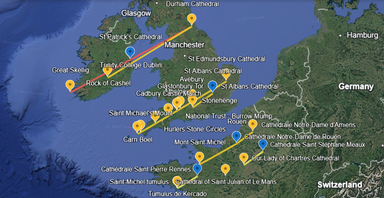 Une série de lignes correspondant au lever du soleil le 15 mai : de Skellig Michael à la cathédrale Saint-Patrick de Dublin, puis à la cathédrale de Durham ; du Rocher de Cashel à la cathédrale de Durham également ; de Carn Les Boël ou de Saint Michael's Mount à Glastonbury, Avebury et Bury St Edmunds ; de Stonehenge à St Albans ; du tumulus de Saint-Michel à la cathédrale de Rennes ; du Mont Saint-Michel à Rouen ; de Rouen à la cathédrale d'Amiens ; de la cathédrale de Chartres à la cathédrale de Meaux.
