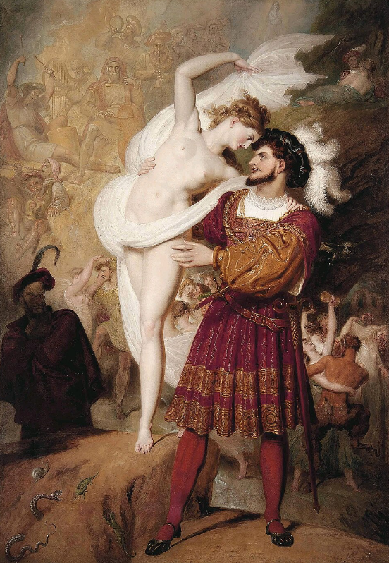 Faust and Lilith by Richard Westall (1831). Faust preparing to dance with the young witch at the festival of the Wizards and Witches in the Hartz Mountains.