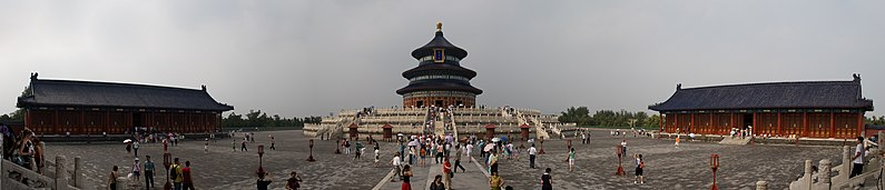 Panorama of the The Hall of Prayer for Good Harvests, the Emperor's last stop on his yearly sojourn to the Temple of Heaven Complex., Photo by Maros m raz Wikimedia Commons